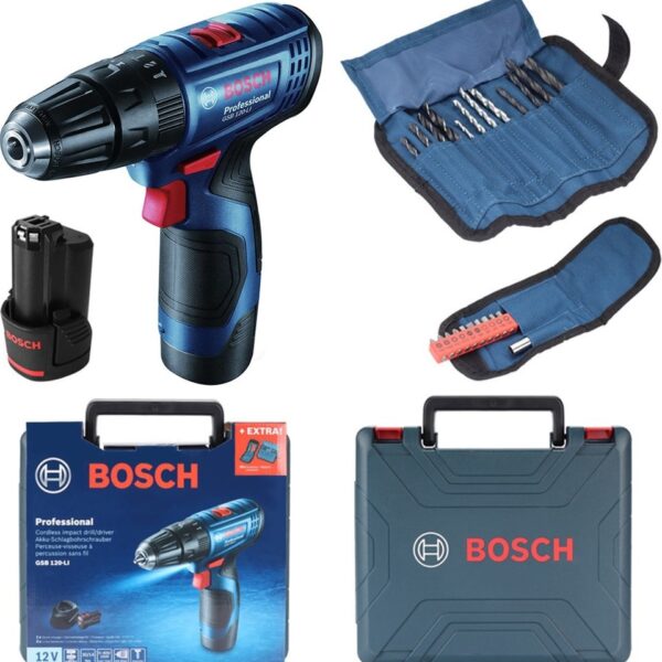 Bosch Professional GSB 120 LI 2 AH Çift Akülü Darbeli Delme Vidalama + Aksesuar Seti