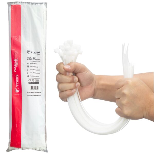 Tork Plastik Cırt Kelepçe Kablo Bağı 7,5×550 Beyaz 100Lü Paket