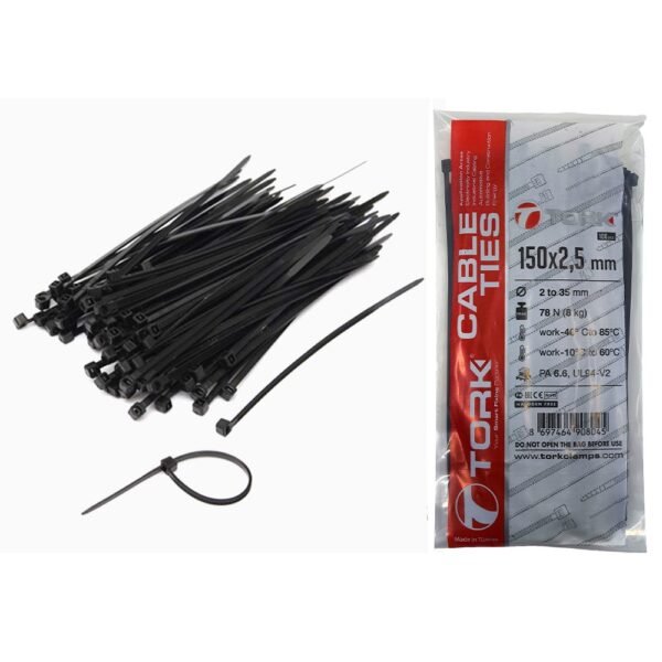 Tork Plastik Cırt Kelepçe Kablo Bağı 2,5×150 Siyah 100Lü Paket