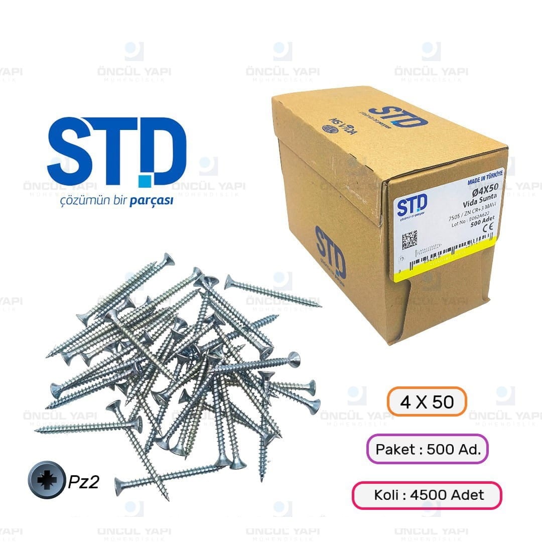 4X50-Jpg.jpg Std Sunta Mdf Ahşap Vidası 4×50 Mm 500Lü Paket - Görsel 1