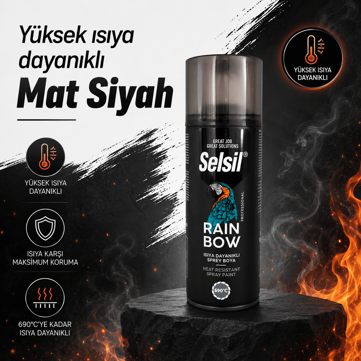 Yuksekisi.png Selsil Yüksek Isıya Dayanıklı Sprey Boya 400Ml Siyah - Görsel 1