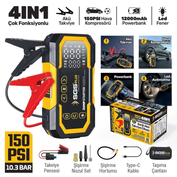 SGS 5399 4'ü 1 Arada Şarjlı Akü Takviye, Hava Kompresörü, Powerbank ve LED Fener 16.8V 12.000 mAh