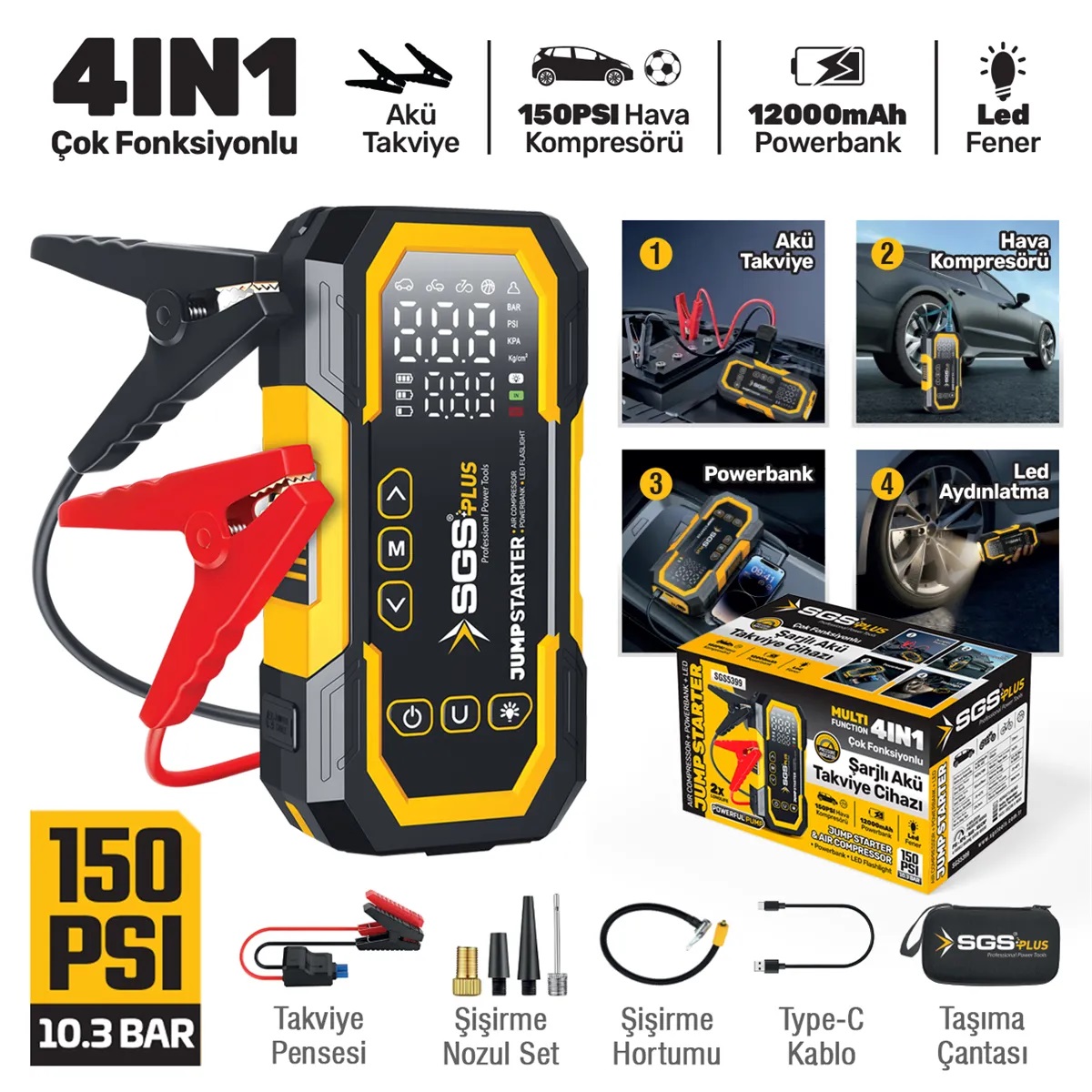 Sgs 5399 4'Ü 1 Arada Şarjlı Akü Takviye, Hava Kompresörü, Powerbank Ve Led Fener 16.8V 12.000 Mah 1 6271Sgs5399 1