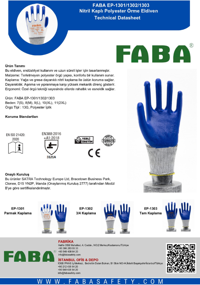 Faba Ep-1302 Nitril Kaplı Polyester Eldiven No:10/Xl 1 Canvas