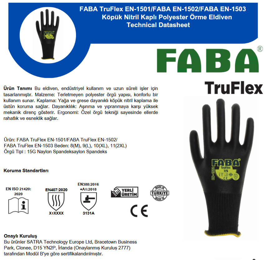 Faba Safety En-1501 Truflex Köpük Nitril Montaj Eldiveni No:10/Xl 1 En 1501Data